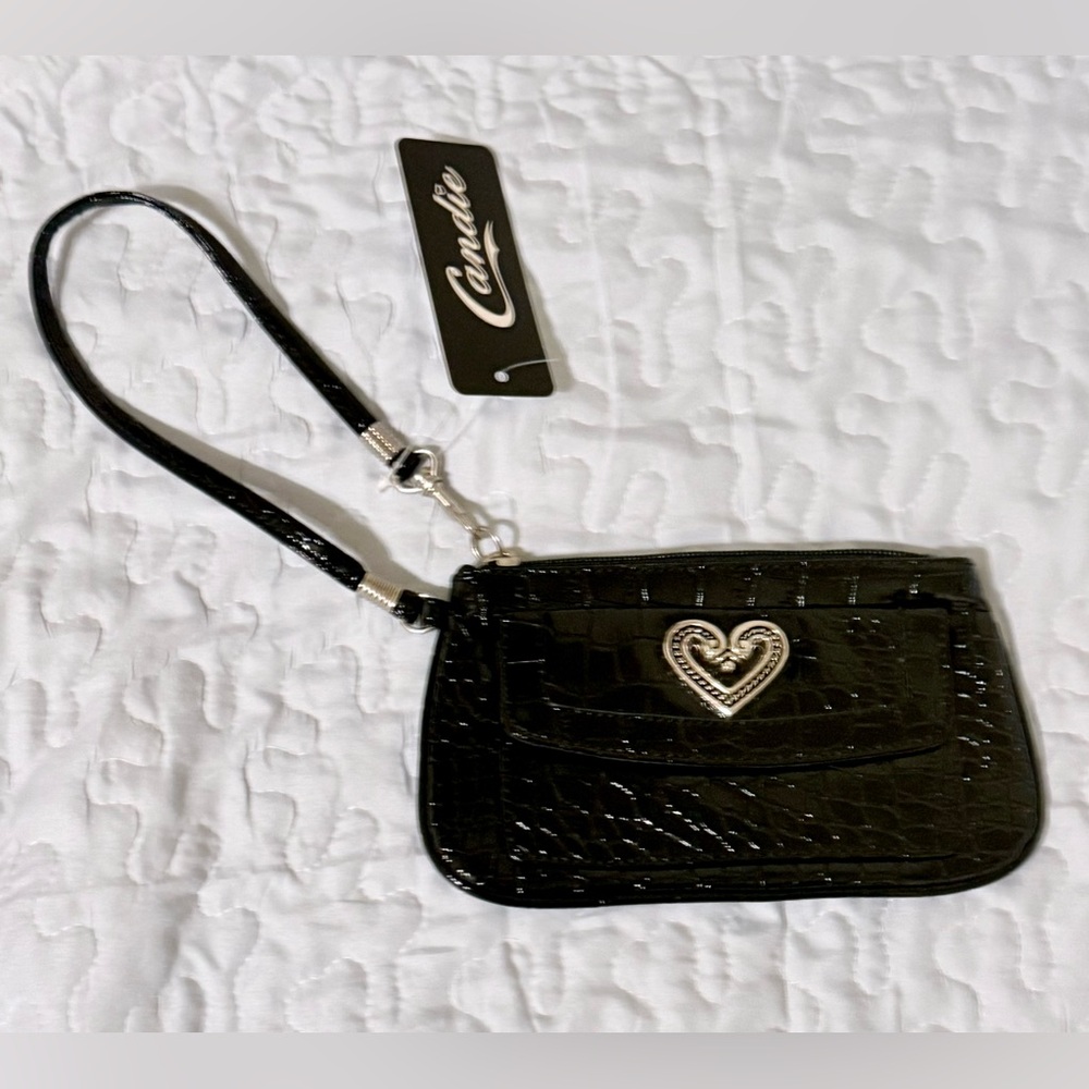 Candies Croc-Embossed Wristlet, NWT, Black w Silver Heart Accent, faux leather.